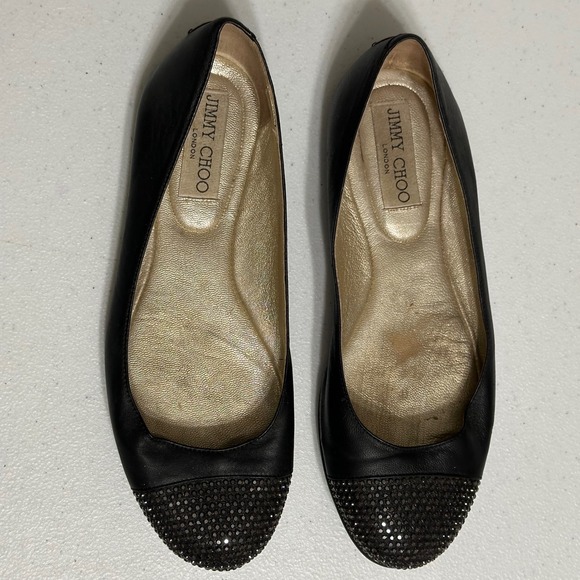 Jimmy Choo London Black Leather Rhinestone Waine Cap Toe Ballet Flats 36 US 6 - Picture 1 of 9